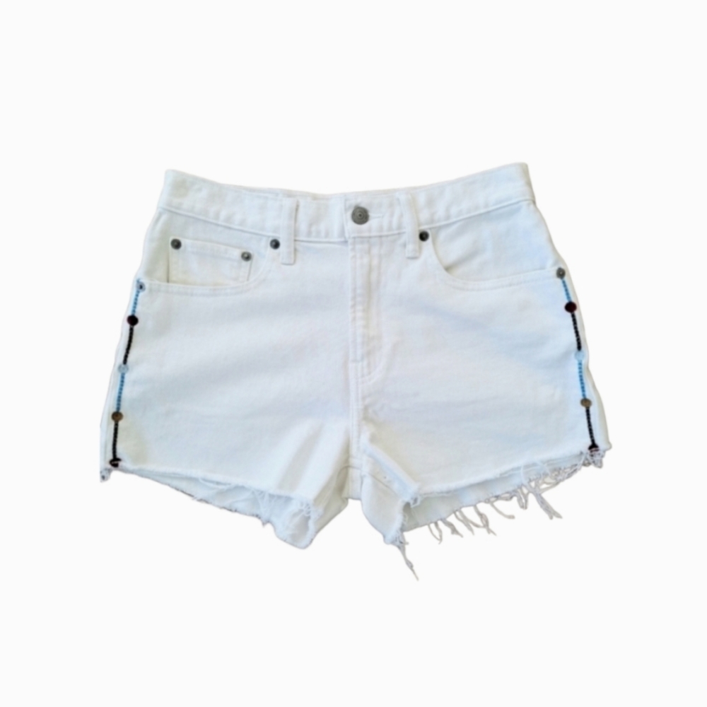 Lucky Brand White Embroidered Frayed Raw Hem White Denim Jean Shorts sz 26